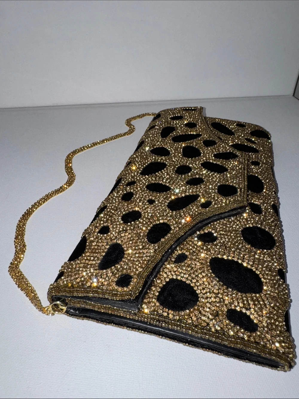Vintage Glam Beaded Leopard Print Clutch – Gold Rhinestone Evening Bag